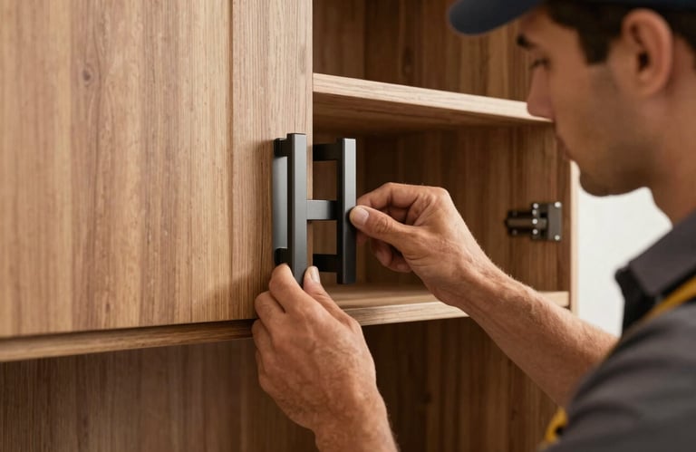A focused shot of a professional Australian tradesperson in work attire installing dark charcoal hardware on a bespoke timber cabinet, sharp focus.