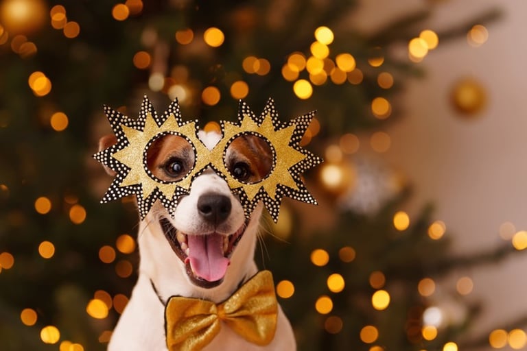 perrito, navidad, moño dorado, antifaz  dorado