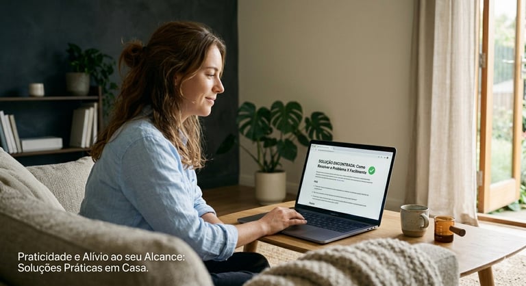 Smiling woman using a laptop at home to find practical solutions for everyday problems.