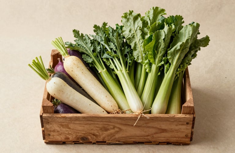 A high-angle photograph of organic vegetables in a wooden crate, sitting on a parchment cream textured background, captured at a North American / Western European local market.