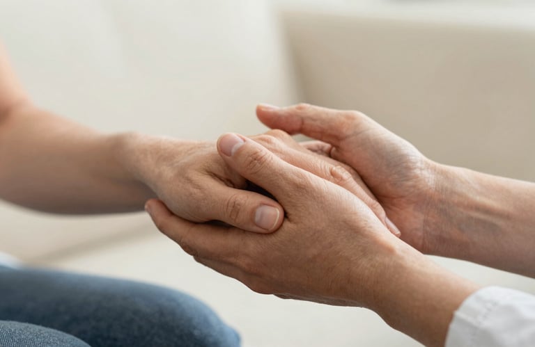 A close-up shot showing a caregiver's hand gently holding a patient's hand in a Central European / German home, conveying deep trust and support. Soft Off-White lighting.