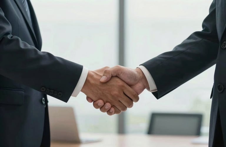 A handshake between two professionals in a Southeast Asian / Indonesian business setting, symbolizing trust and partnership, soft natural lighting.