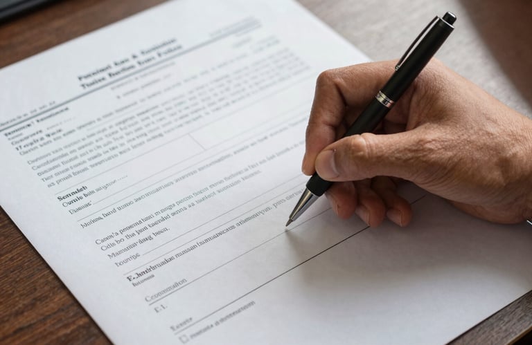 A detailed shot of a person's hand signing a tax document in a Southeast Asian / Indonesian professional setting, using a high-quality pen.