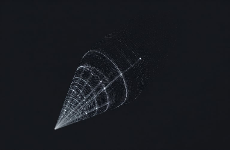 Minimalist digital visualization of data points clustering together to form a focused beam of light in silver #A0A0A0, set against a clean dark background.