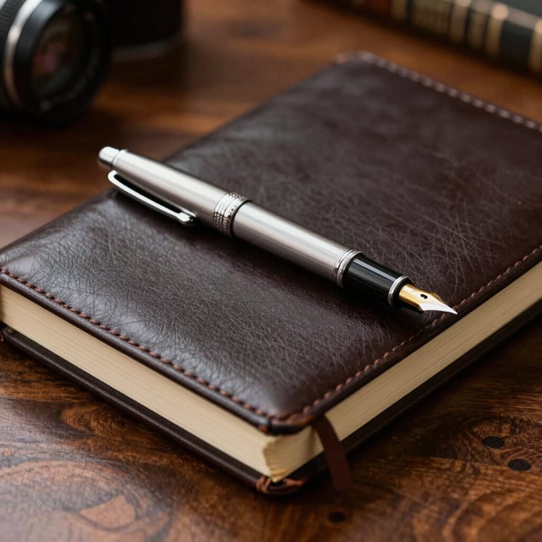 Close up of a silver fountain pen resting on a dark leather-bound journal on a polished wooden desk in a North American study.