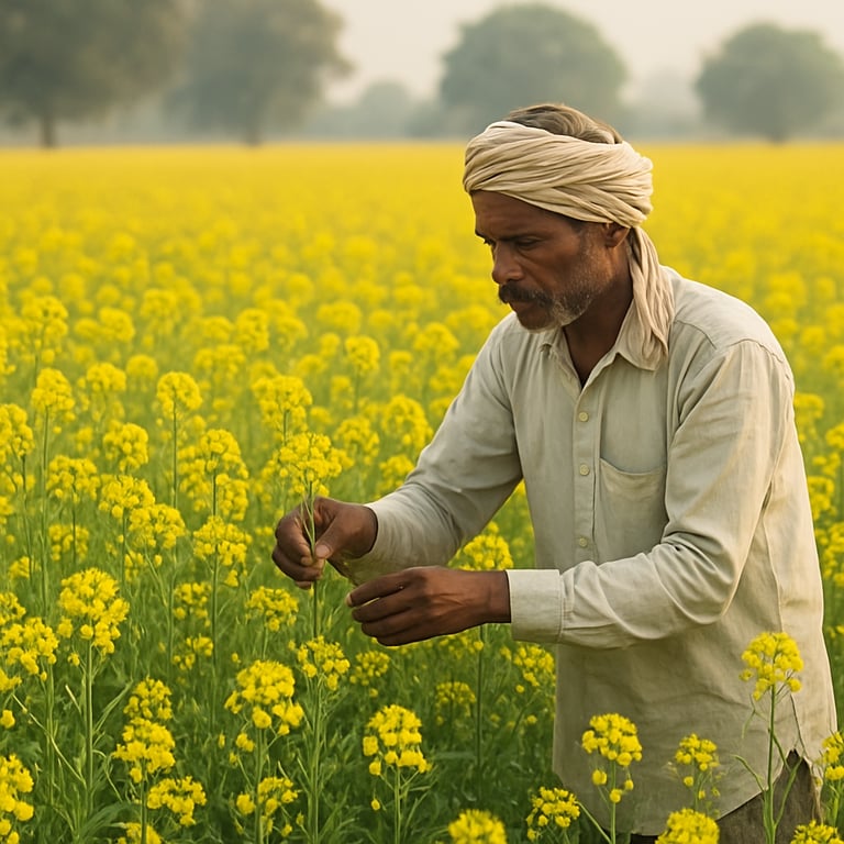 Geometric abstract of desert dunes blending into long, straight crop rows in warm sand and gold hues.