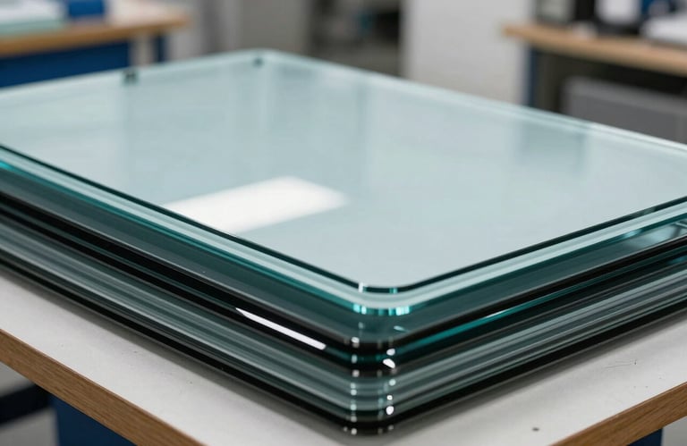 Close-up of high-quality auto glass panels stacked neatly in a professional workshop, bright studio lighting, reflections of Pale Blue and Deep Teal surfaces, North American commercial setting.