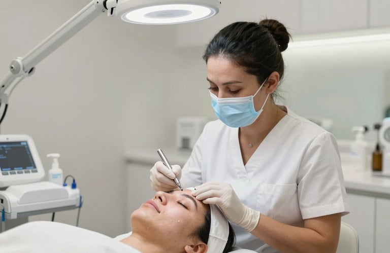 A professional aesthetician in a medical center in South America performing a skin treatment on a patient, bright white lighting, clinical clean setting.