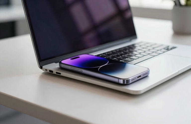 Close up photography of a high-end smartphone and sleek laptop on a minimalist desk in a bright corporate office in Madrid. Iberian / Spanish light. Touches of royal purple in the screen reflections.