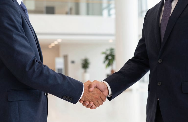 Two professionals in elegant business attire shaking hands in a brightly lit, modern lobby in Valencia. Iberian / Spanish professional context. Lighting includes subtle fuchsia hues.