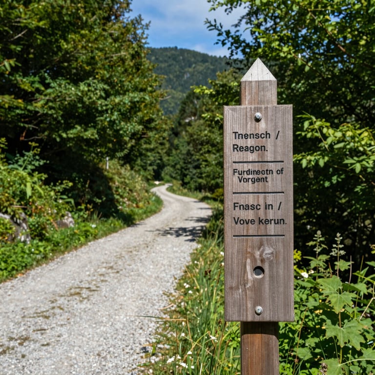 A view of a wooden trail marker for a green trail alongside a well-maintained gravel path, lush forest green foliage, clear mountain air, French / Vosges Region.