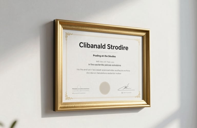 A gold-framed professional certification hanging on a clean white wall in a US clinic, elegant minimalist aesthetic with clean shadows.