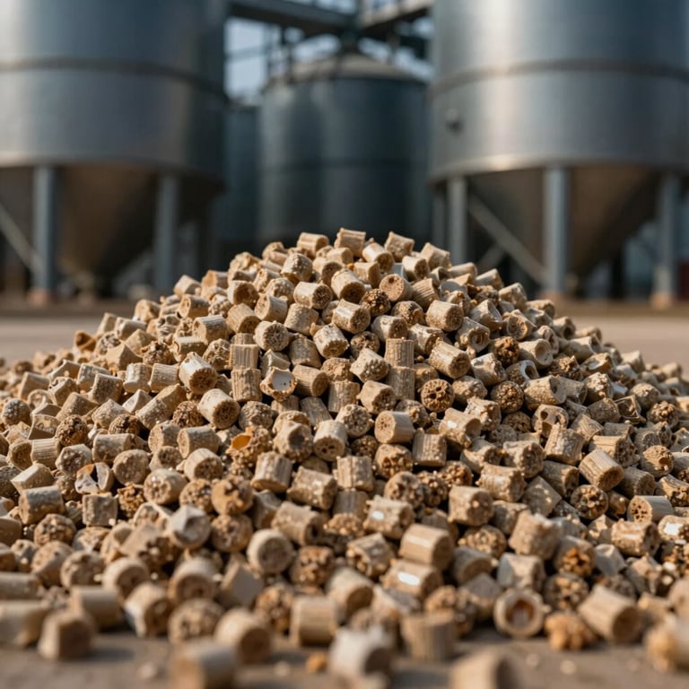 A close-up photograph of high-grade, eco-friendly biomass pellets stored in a modern industrial silo, with soft gold lighting and Dark Blue shadows, Global B2B / Indian Origin.