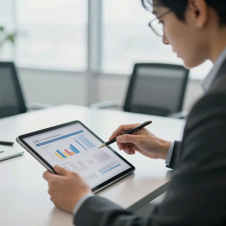 A North American / US financial consultant at work in a bright, modern office, reviewing complex financial documents on a large tablet. Soft background blur, professional attire.