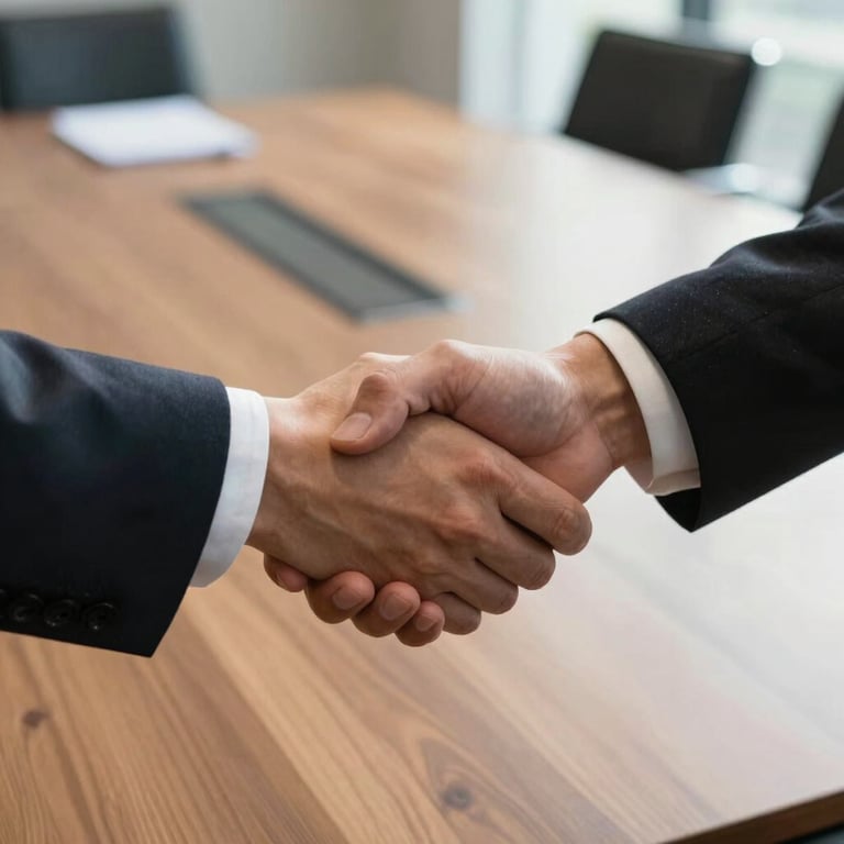Detail shot of a professional North American / US handshake in a sunlit executive boardroom. Sharp focus on the hands, business suit sleeves visible, conveying trust and partnership.