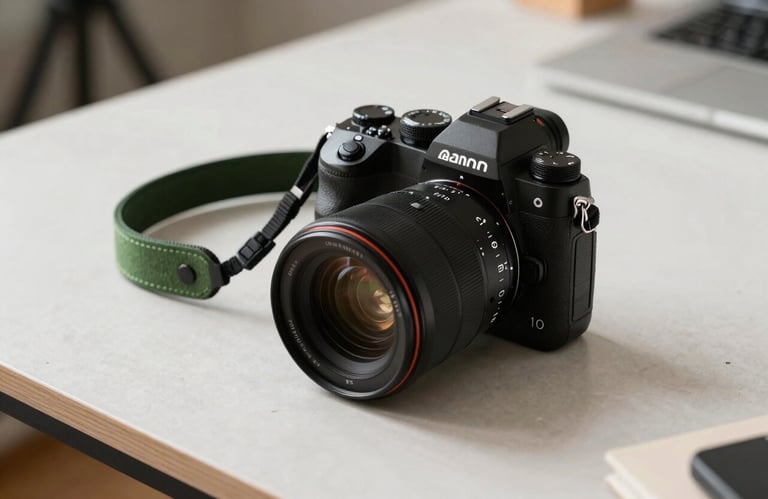 Photography equipment including a high-end camera with a matte forest green strap on a crisp parchment table in a sunlit Northern European / Scandinavian studio.