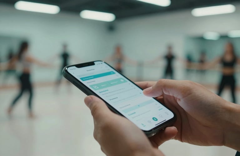 A close-up of a hand quickly updating records on a smartphone in a modern Spanish / Latin American dance studio, Soft Aqua lighting.