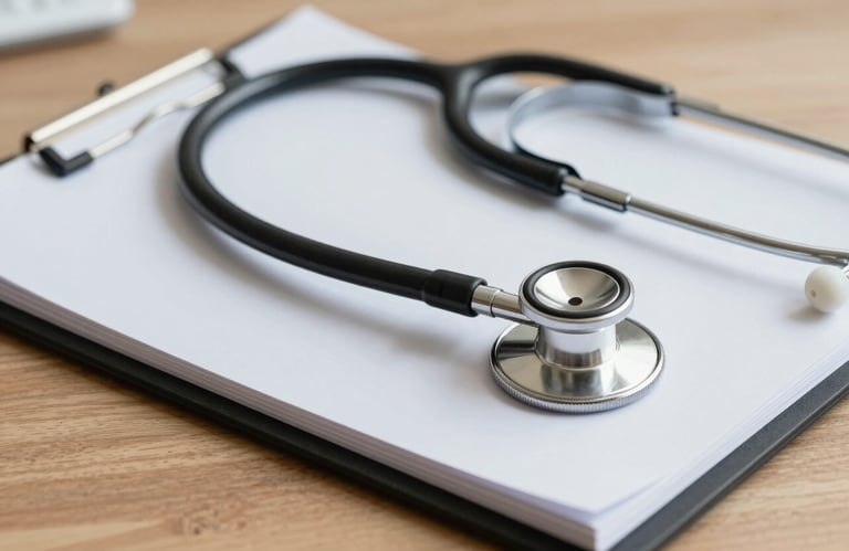 Close-up of a stethoscope and a medical notepad on a wooden desk in a South African medical center, representing professional care.