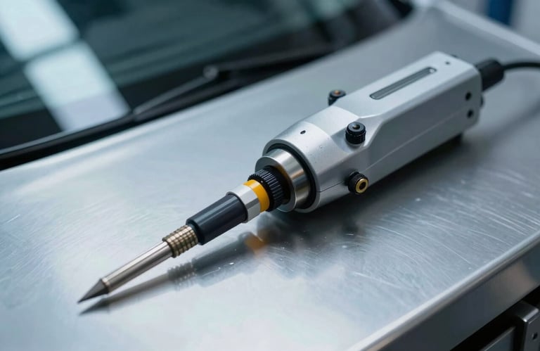 A close-up of high-tech auto glass repair equipment, including a suction device and specialized resin applicator, resting on a clean metallic surface. Lighting is cool and professional, with ice blue tones reflecting off the equipment.