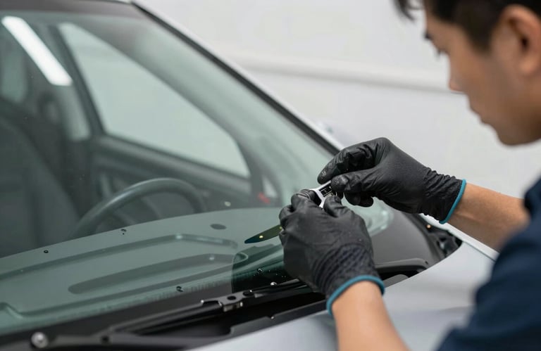 A perspective shot of a technician's hands in professional gloves carefully aligning a new windshield into a vehicle frame. The scene is bright and highlights the precision and care taken in the process.