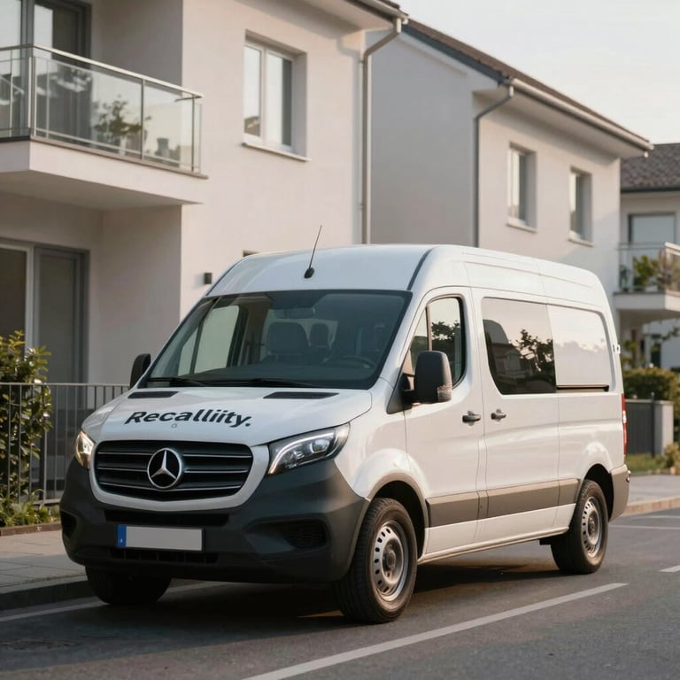 A professional service van with clean branding parked in a modern Central European residential street, morning light, reflecting reliability.
