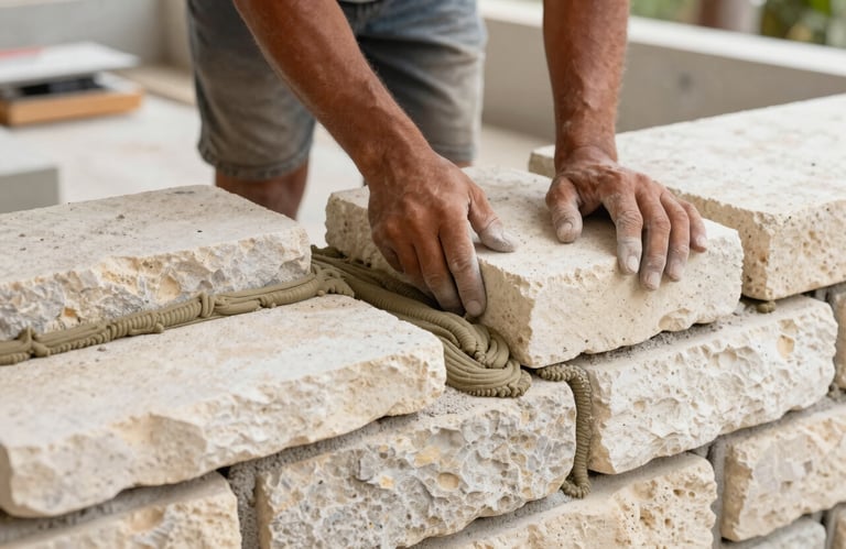 A close-up of professional masonry work on a Caribbean / Jamaican residential build, showing clean cream-colored stones and high-quality mortar.