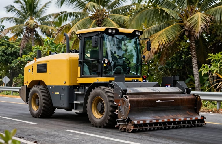 A photograph of professional road paving equipment working on a highway project in a tropical Caribbean / Jamaican setting.