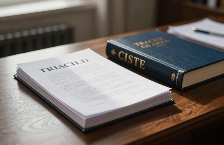 A set of official legal and financial books placed neatly on a dark wood desk in a European law office, soft morning light, professional atmosphere.