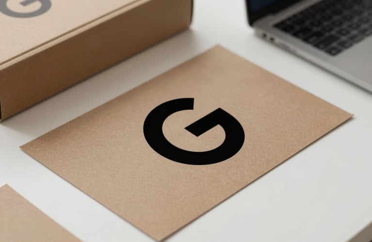 A top-down view of a designer's workspace with box templates and a digital print proof of a black logo on brown paper. Clean, modern industrial aesthetic using #6B4D3C and #F7F7F7.