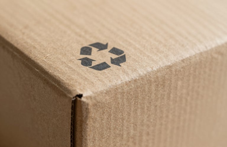 Macro photography of the textured surface of a brown corrugated box, showing the high-quality fibers and clean construction. A small, minimalist recycle icon is printed in #2C2C2B. The lighting is soft and industrial.