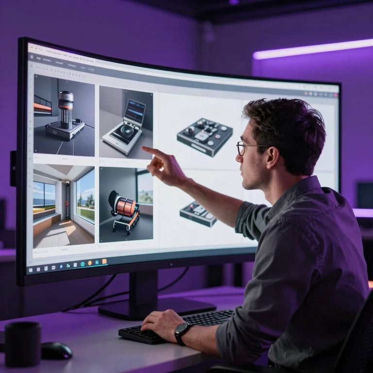 A creative director in a stylish studio setting, reviewing a high-resolution design concept on a large curved monitor, lighting is moody with neon violet accents.