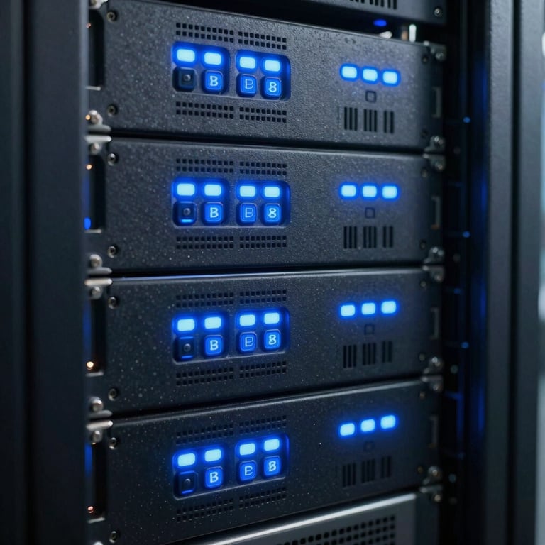 Close-up of high-tech server racks in a North American data center, with glowing neon blue indicators and a cool charcoal and metal aesthetic, symbolizing reliability and speed.