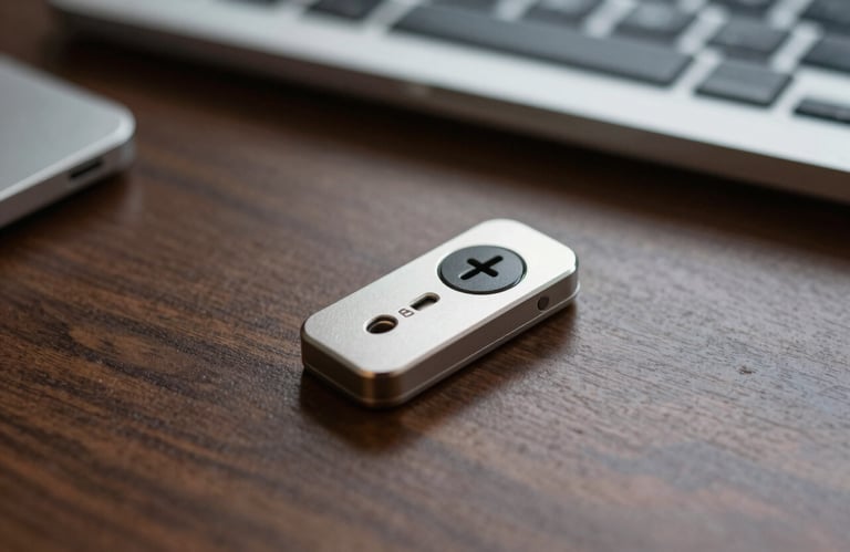 A secure hardware authentication token resting on a polished dark wood desk in a professional North American executive office, sharp focus, clean lighting.