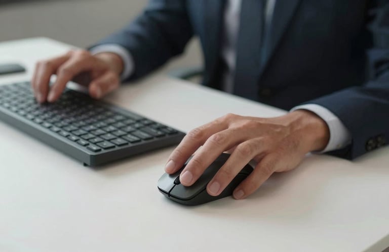 A close-up of a professional person's hand using a high-end keyboard and mouse, minimalist and clean desk setup, South American office context, professional photography.