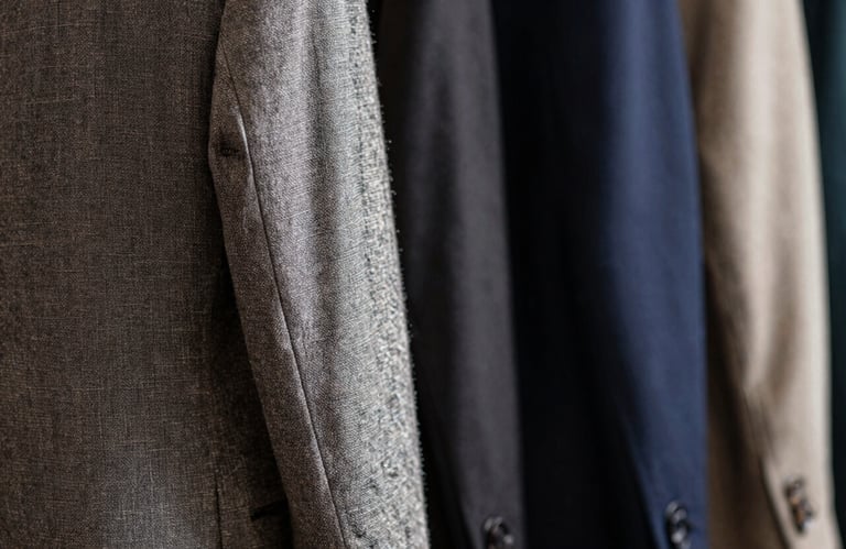 Close-up of high-quality fabrics and tailored suit jackets in a Brazilian design studio, soft shadows, textures of linen and wool, professional lighting.