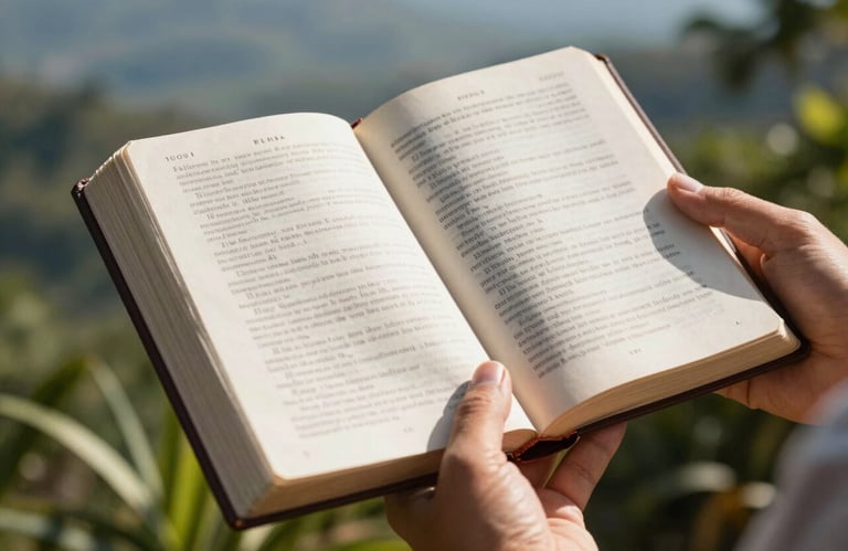 A close-up of hands holding an open Bible during a sunlight-filled morning in a Central American / Costa Rican garden, Pale Mist White pages, Muted Blue background.