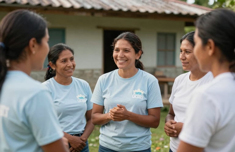 A group of community members volunteering and talking together in a Central American / Costa Rican village, warm smiles, soft natural lighting, wearing Muted Blue and Pale Mist White clothing.