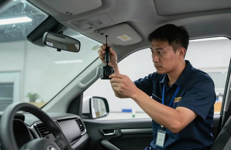 A technician in a professional uniform working on a vehicle interior, carefully calibrating a rearview mirror camera through a new windshield, clean modern workshop.