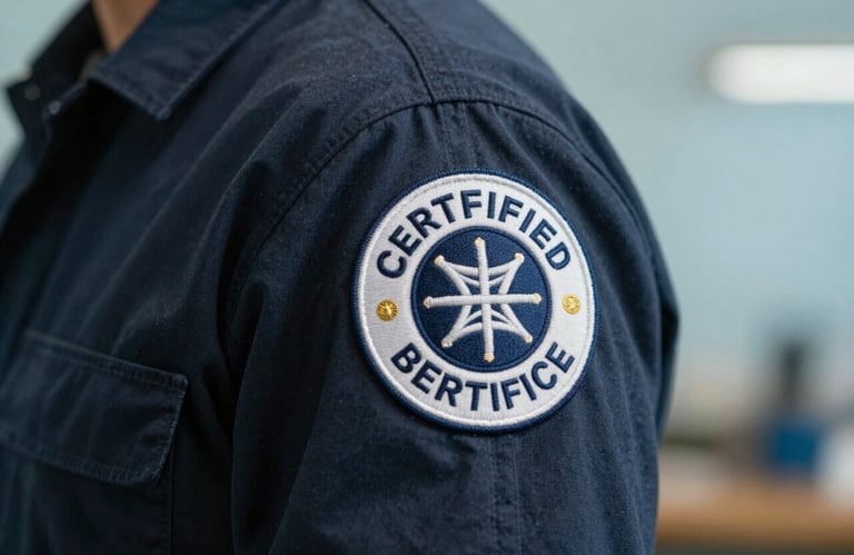 Close-up of a certified HVAC specialist's shoulder patch on a dark navy uniform, in a North American / US workshop setting, soft light blue background.
