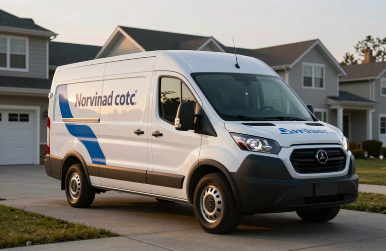 A white service van with professional professional blue branding parked on a driveway in front of a North American / US house at sunset.