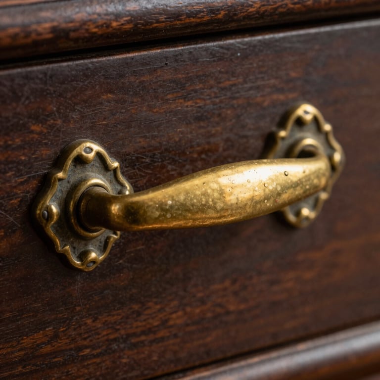 Macro photography of an ornate antique brass drawer handle, showing fine details and a gentle aged patina on dark wood.