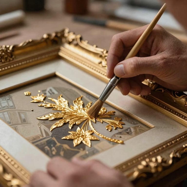 Close-up of an artisan's hands in a Portuguese workshop using a fine brush to apply gold leaf detailing to a classic picture frame.