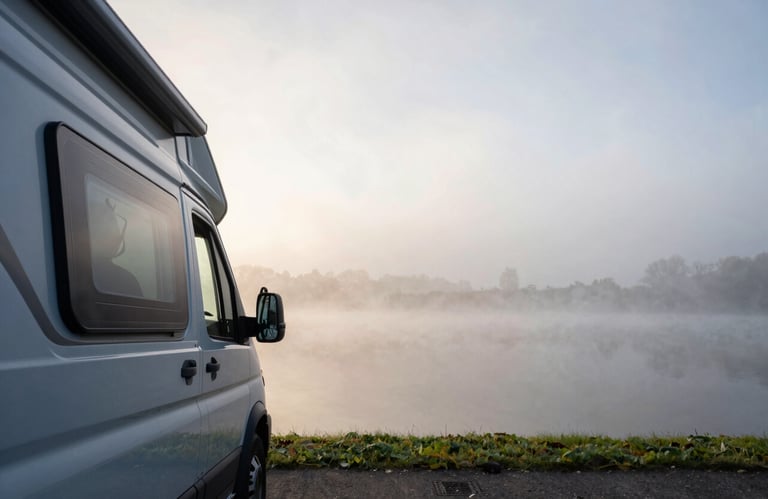 A silhouette of a person looking out from a camper van over a misty Dutch lake in the early morning, evoking a sense of broad perspective and insight.