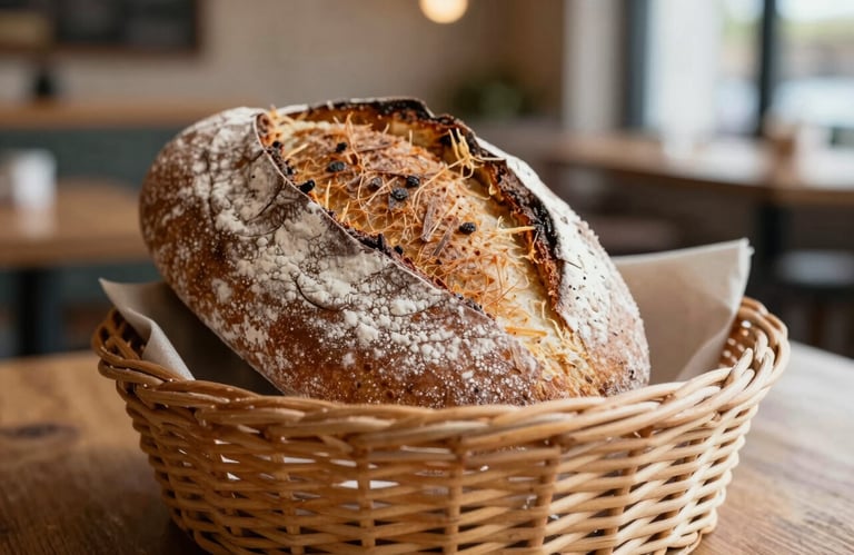Close-up of a rustic, artisanal bread basket in a cozy Western / European-influenced cafe. The bread is dusted with flour, and the background is softly blurred with warm, grounded tones.