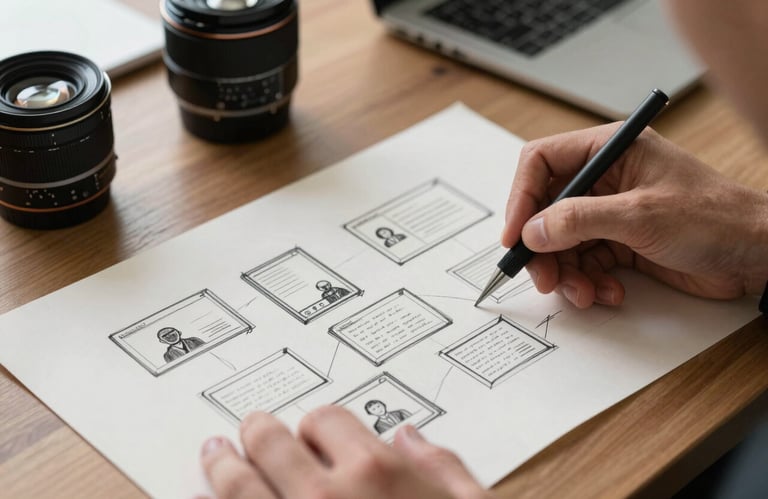 A creative professional in a Western / European-influenced office environment, sketching social media layout ideas on Crisp Parchment paper. The shot is a close-up of hands and tools, reflecting strategic refinement.