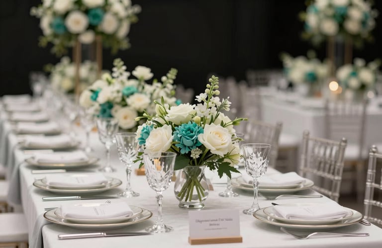 A high-end table setting at a Sharjah wedding venue with #FFFFFF plates, crystal glassware, and #76CDF0 floral centerpieces against a dark background.