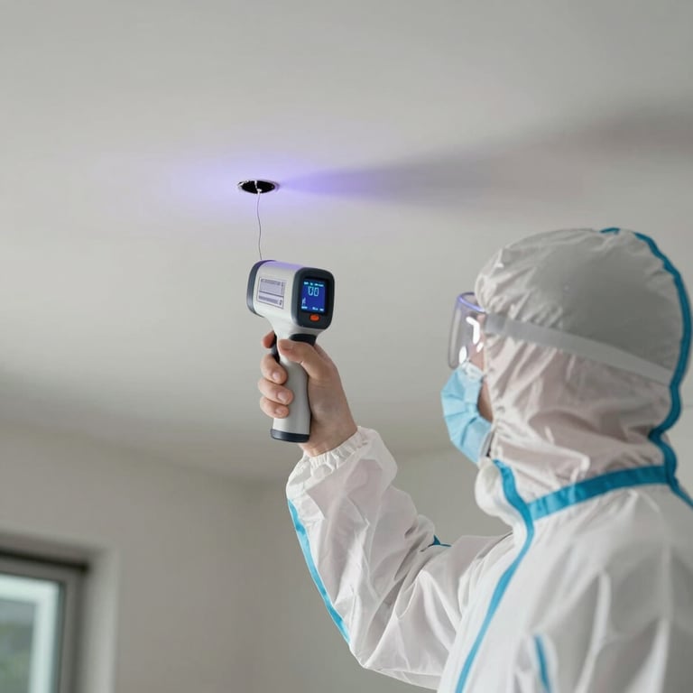 A technician in a white protective suit carefully inspecting a ceiling with an infrared thermal camera to detect hidden water leaks in a Miami home.
