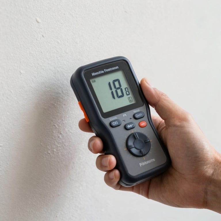 Close-up of a digital moisture meter held by a professional hand against a dry-wall, showing precise readings, professional photography in Miami, Florida.