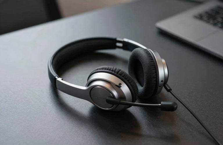 A high-quality professional headset sitting on a sleek dark charcoal desk, minimalist composition, soft light highlighting the metallic textures, professional corporate style.