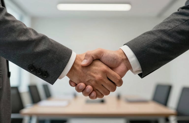 A professional handshake between business partners in a South American corporate setting, sharp focus on the hands, with a background of a modern office in medium gray and off-white.